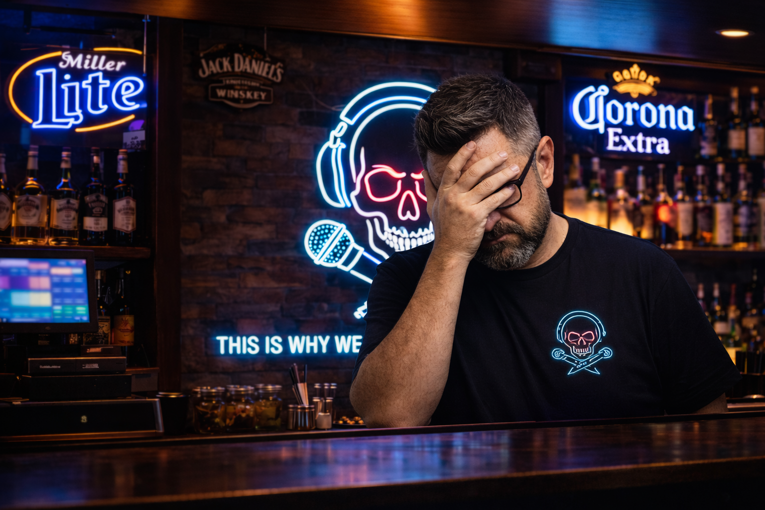 DJ Fiddlesticks facepalming behind a bar