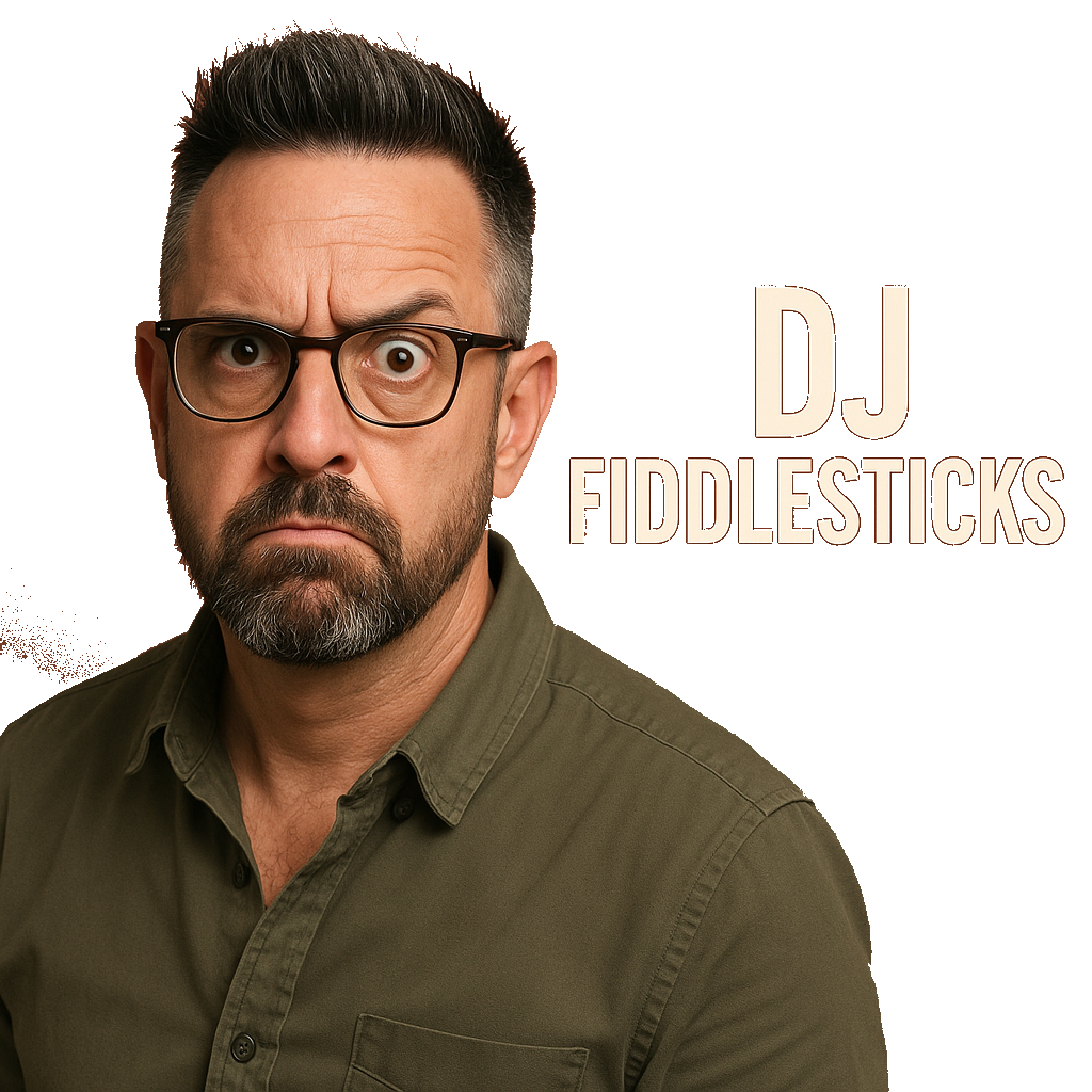 DJ Fiddlesticks in a dark shirt against a warm barroom background